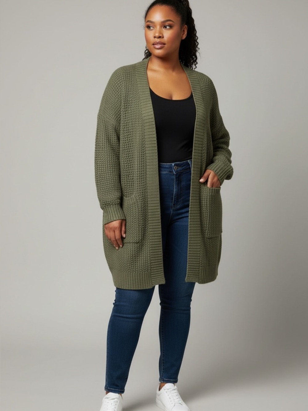 GAP Olive Open-Front Chunky Knit Cardigan